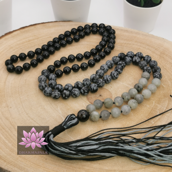 ~ Sinnesschärfer-Mala ~ (mit Schneeflockenobsidian, Labradorit & Achat)